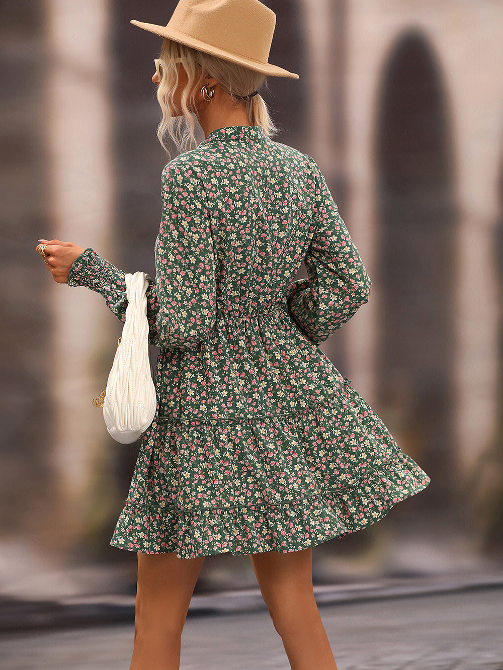 Floral Frill Trim Tie-Neck Dress