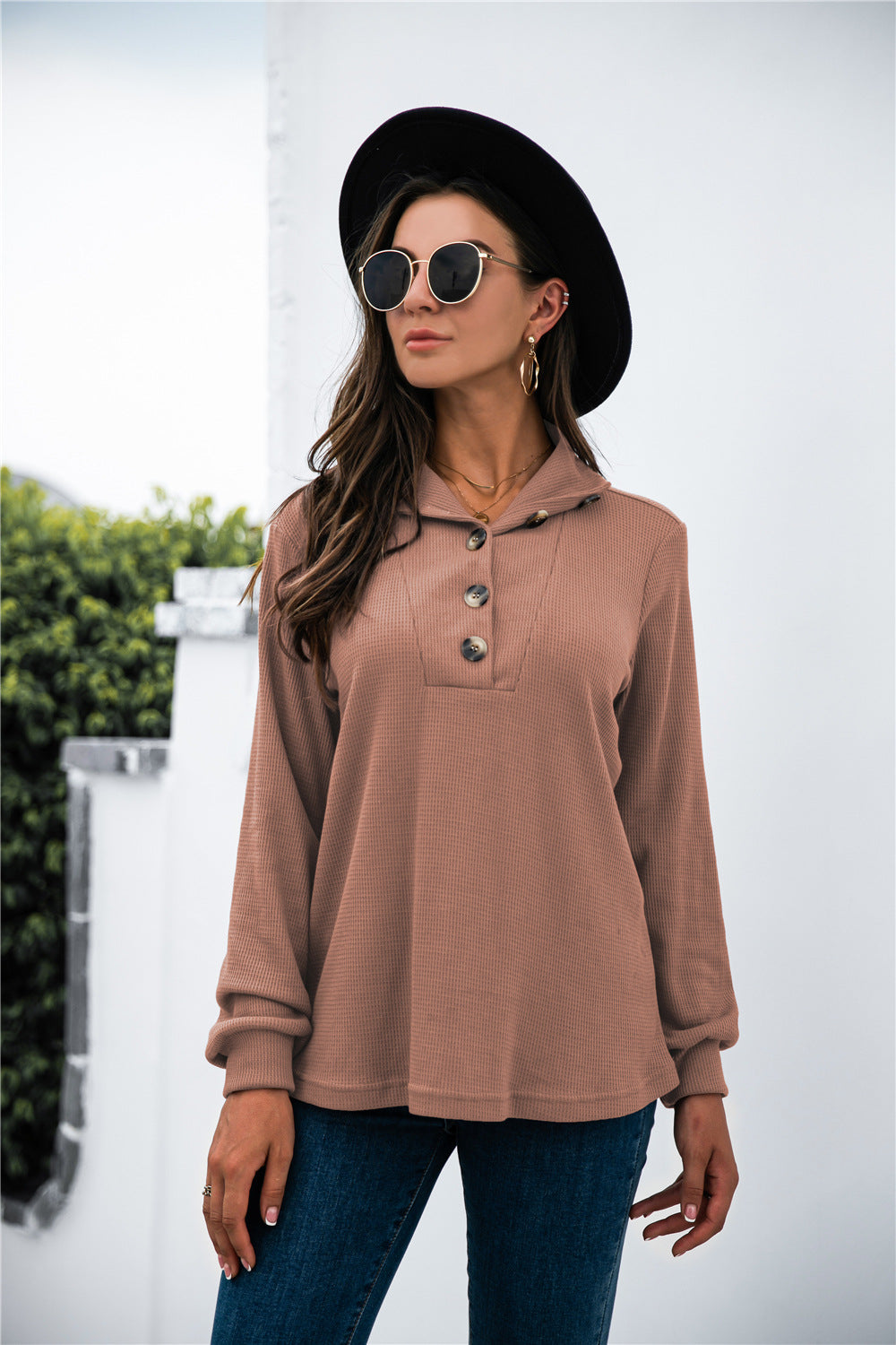 Button Lapel Collar Half Placket Top