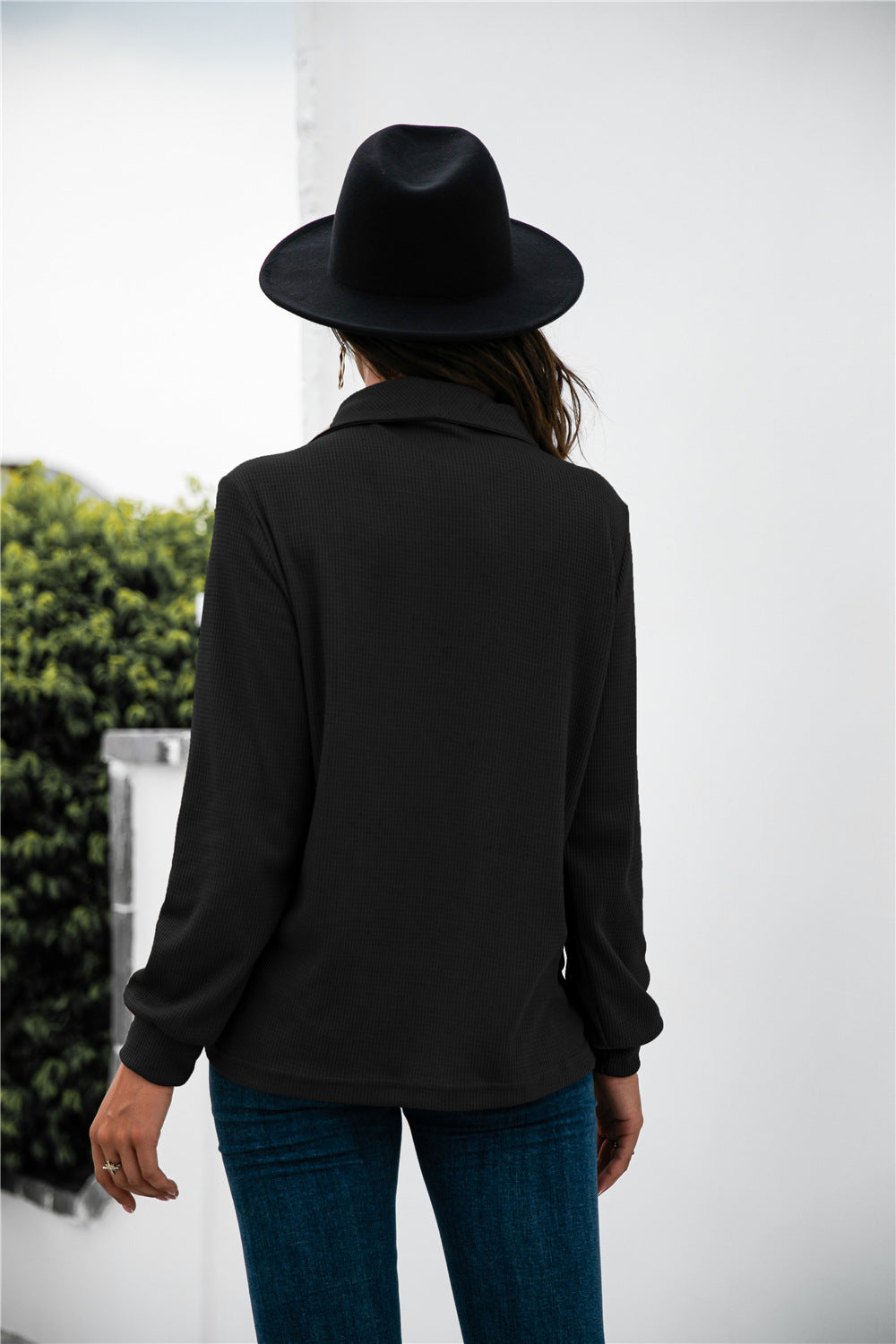 Button Lapel Collar Half Placket Top