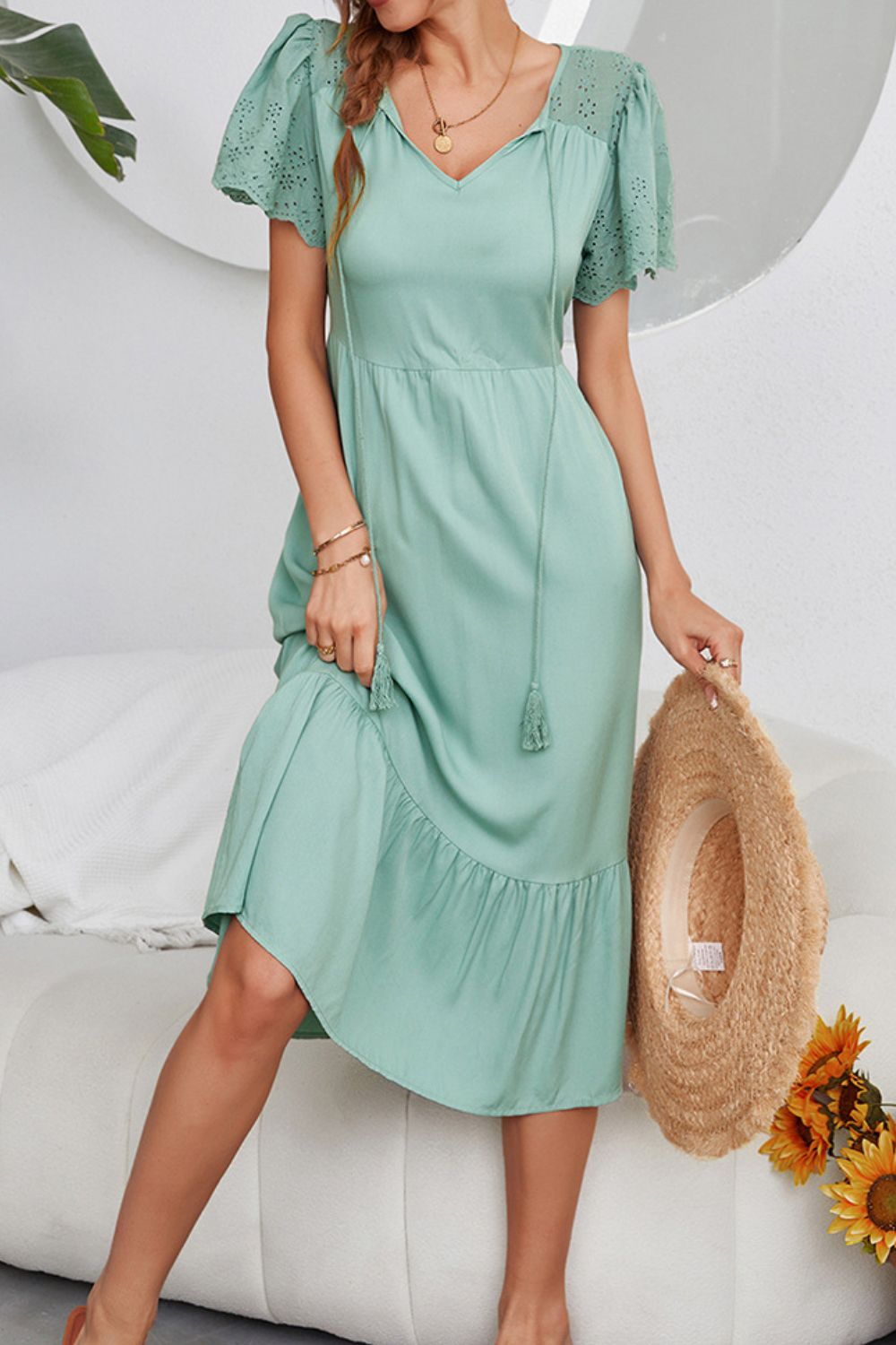 Eyelet Flutter Sleeve Dress