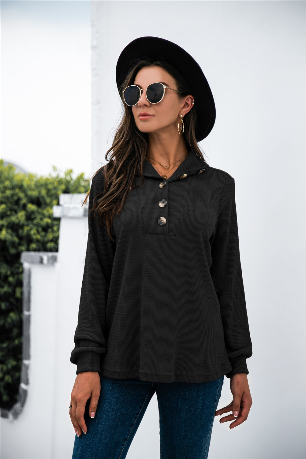 Button Lapel Collar Half Placket Top