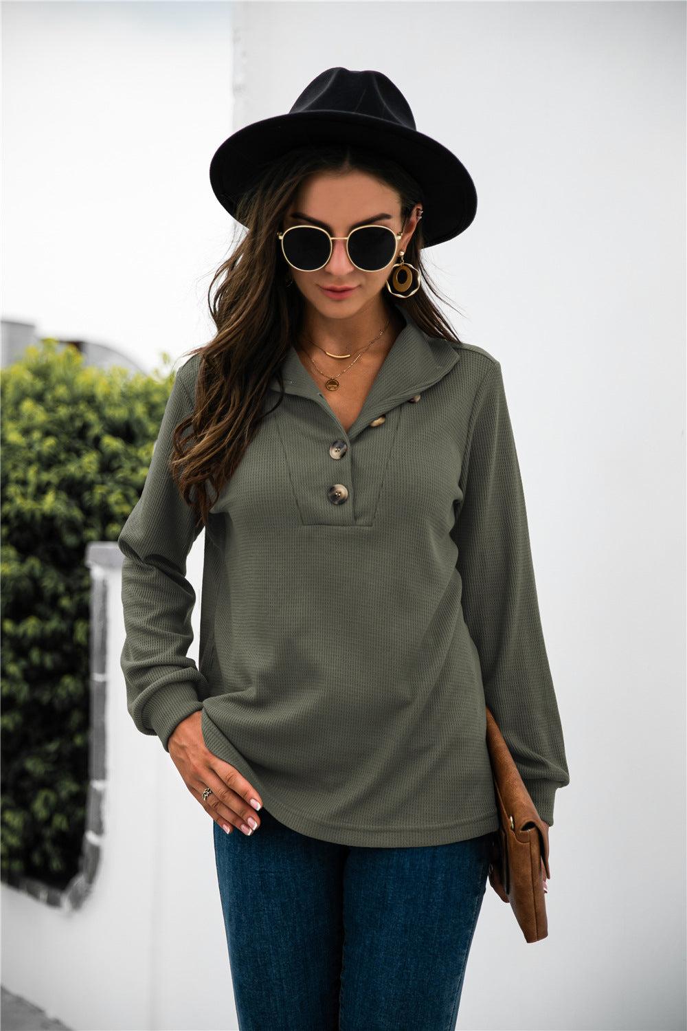 Button Lapel Collar Half Placket Top