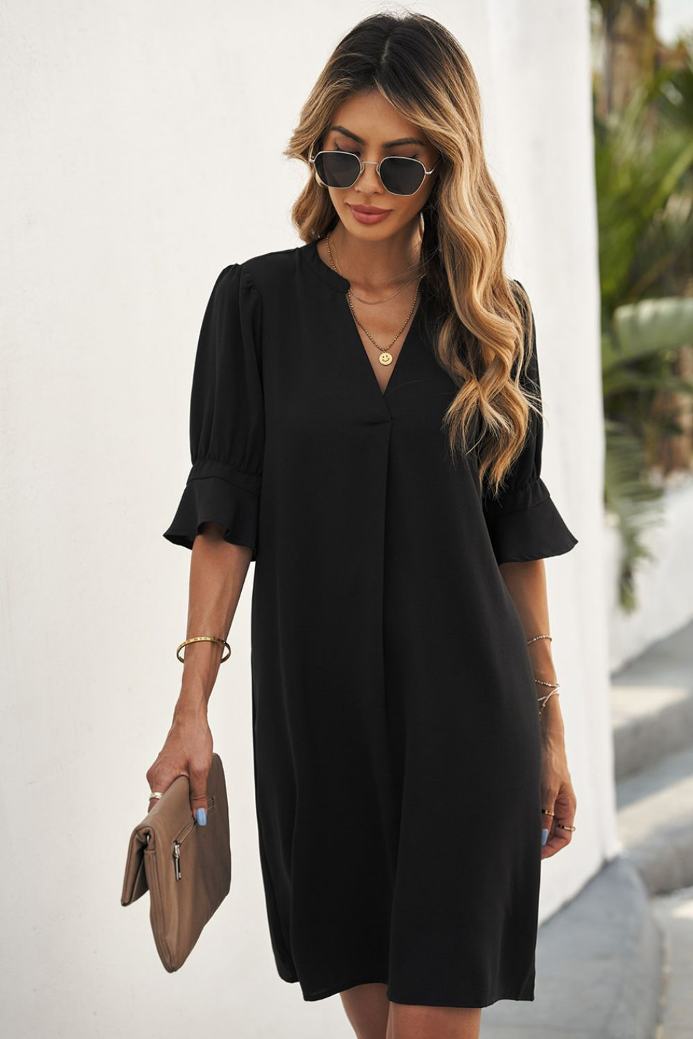 Julianne Detail Sleeve Notched Shift Dress