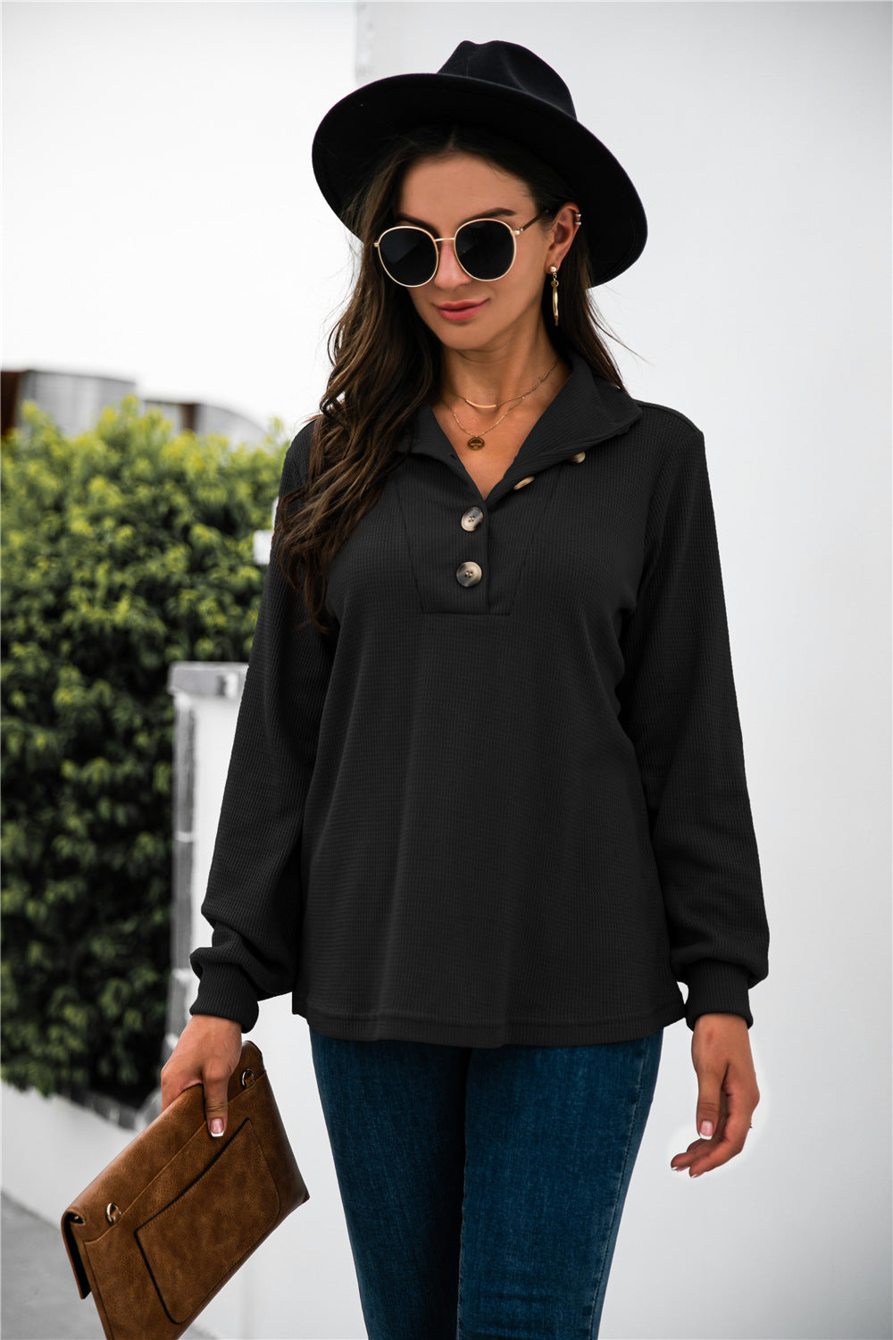 Button Lapel Collar Half Placket Top