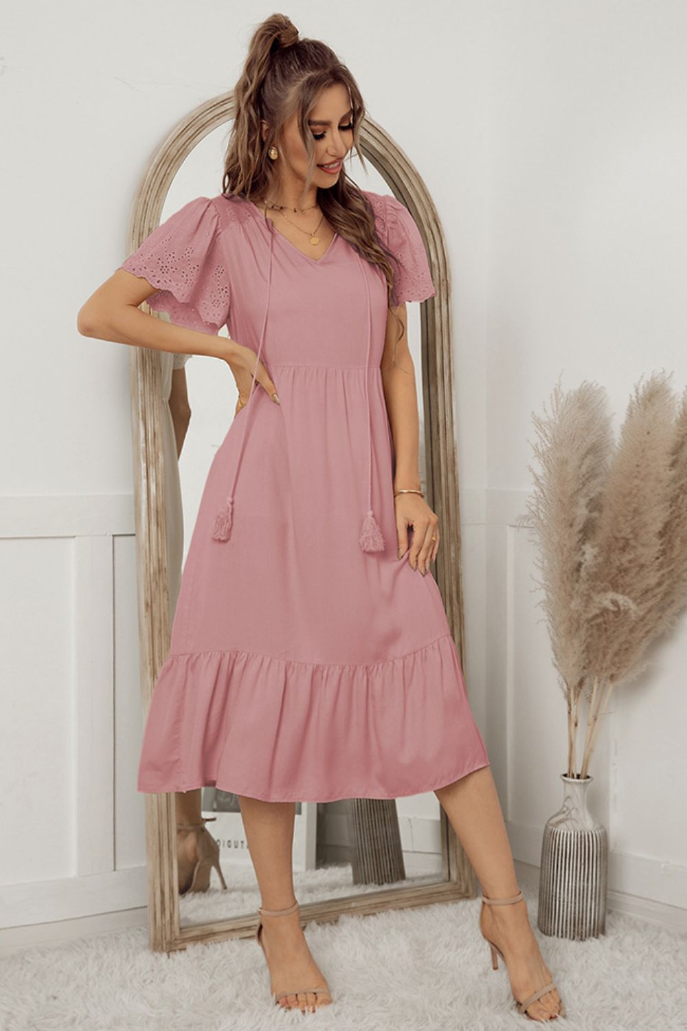 Eyelet Flutter Sleeve Dress
