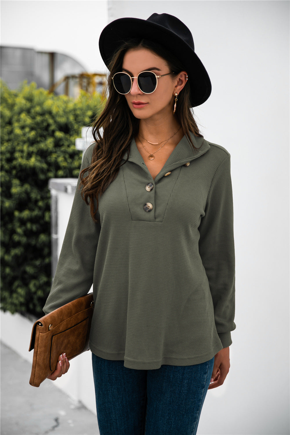 Button Lapel Collar Half Placket Top