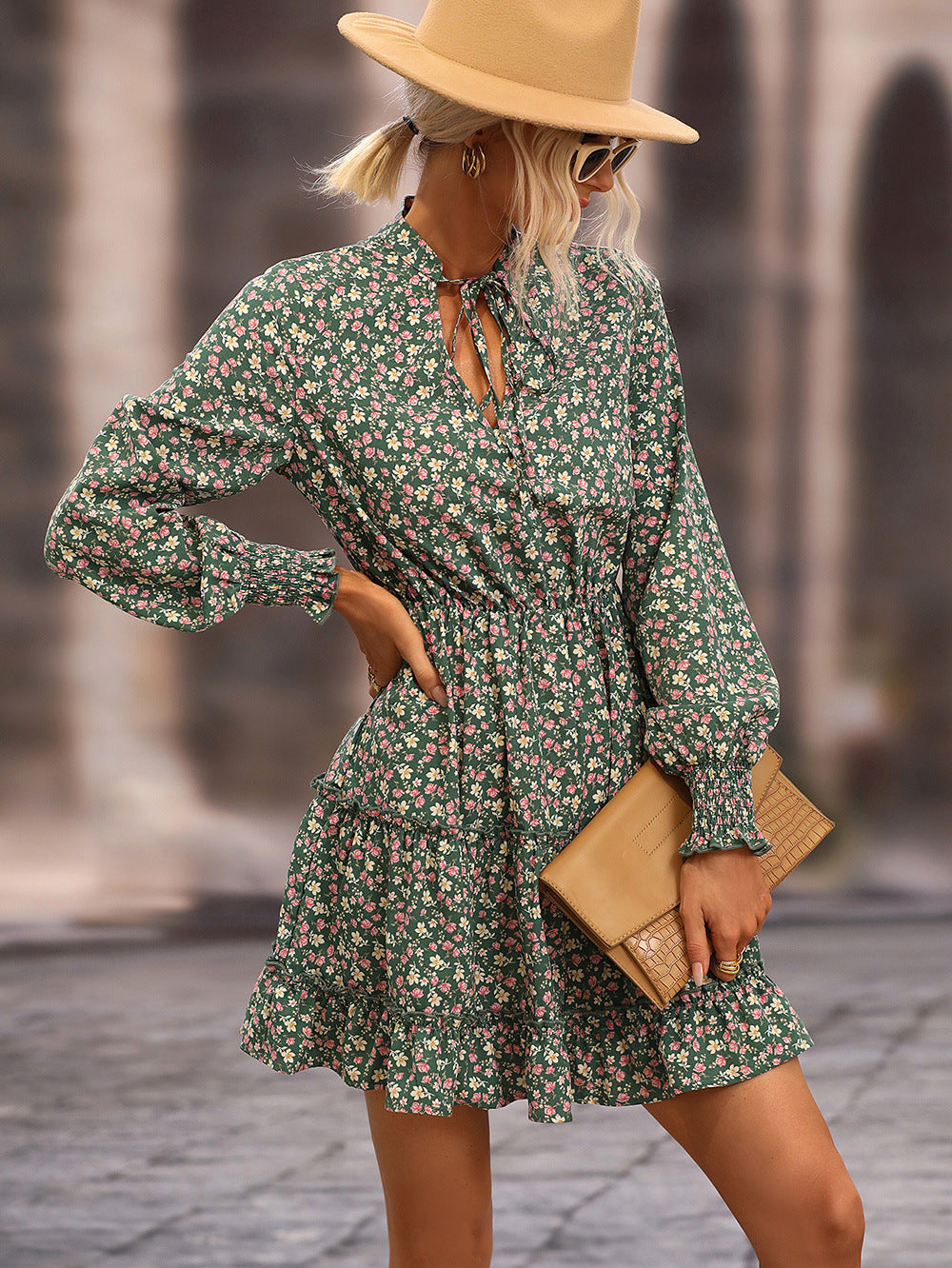 Floral Frill Trim Tie-Neck Dress