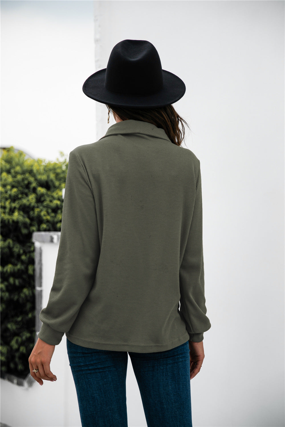 Button Lapel Collar Half Placket Top