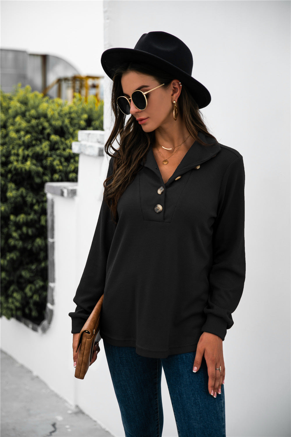 Button Lapel Collar Half Placket Top