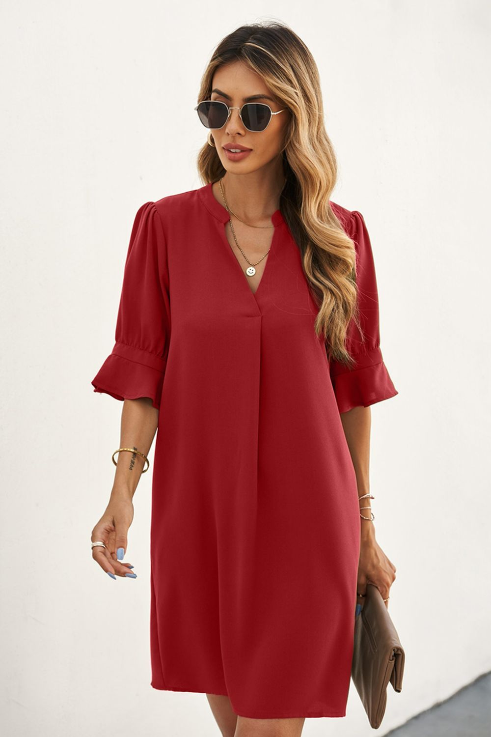 Julianne Detail Sleeve Notched Shift Dress