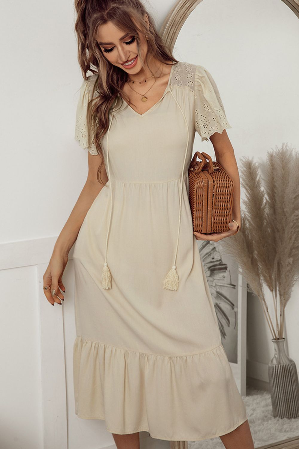 Eyelet Flutter Sleeve Dress