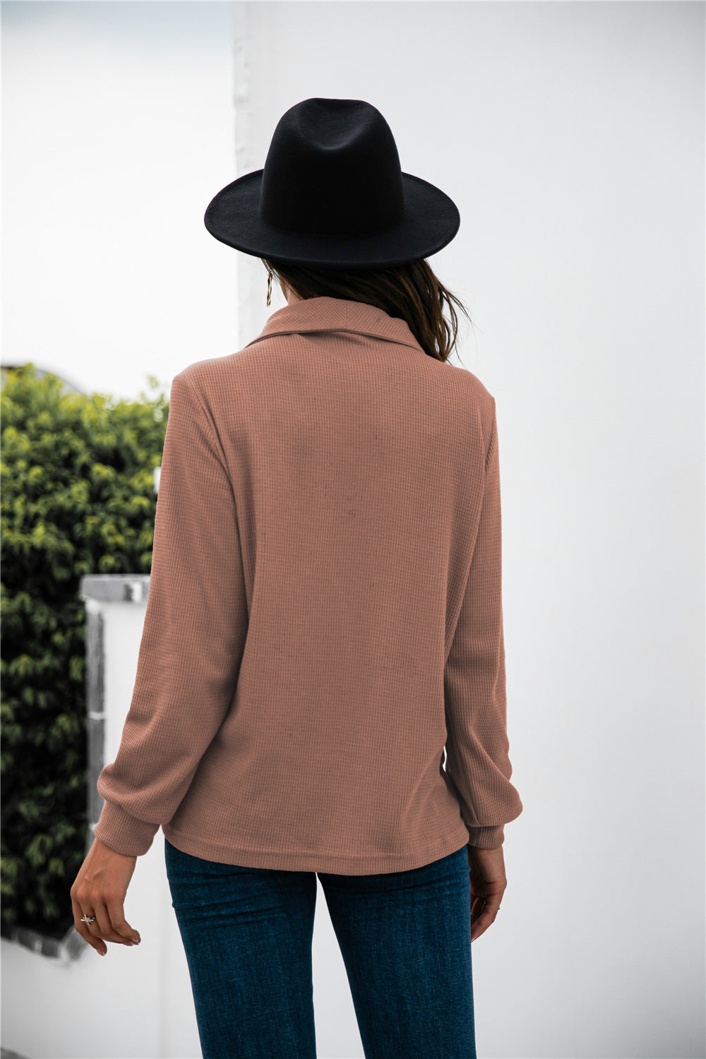 Button Lapel Collar Half Placket Top