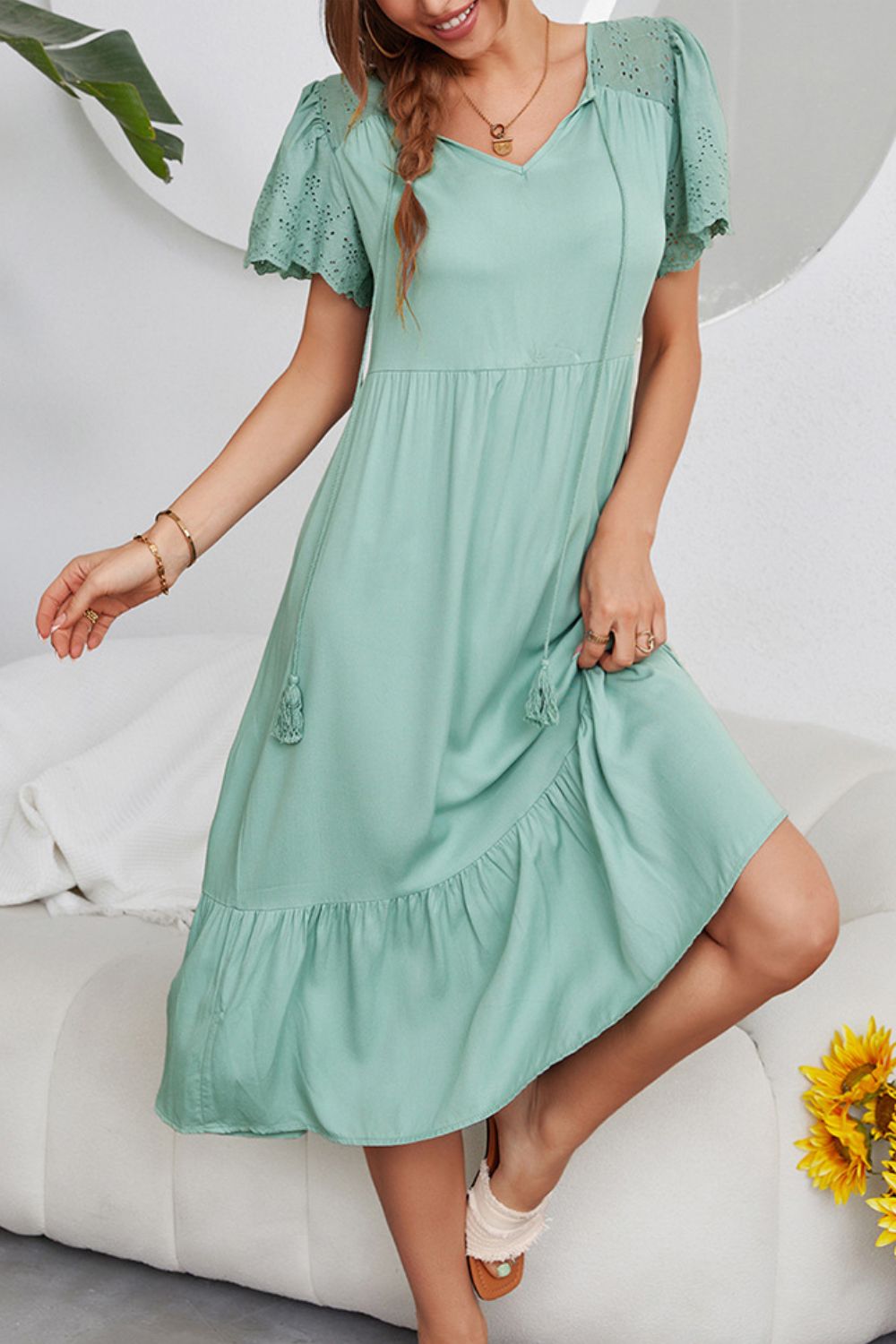 Eyelet Flutter Sleeve Dress