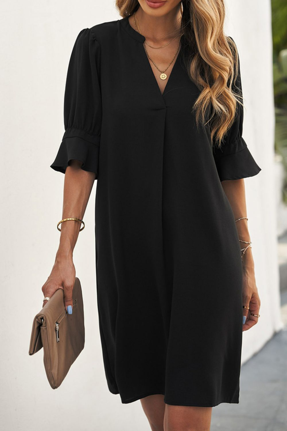 Julianne Detail Sleeve Notched Shift Dress