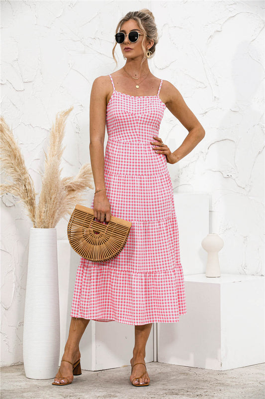 Gingham Backless Tiered Dress