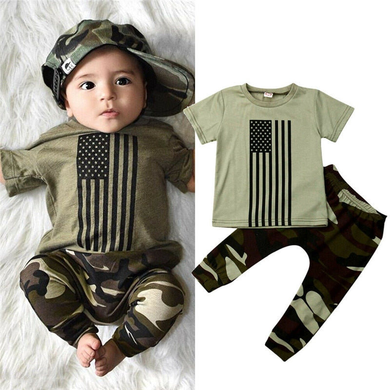 Lioraitiin 2Pcs Set 0-3years Summer Clothing Toddler Infant Boys Sets Tops T-Shirt+Camou Printed Long Pants Fashion Outfits